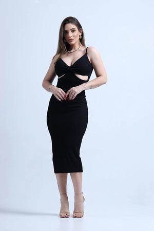 Vestido Midi Tecido Poliamida Texturizado Com Elastano Zero Transparência Preto