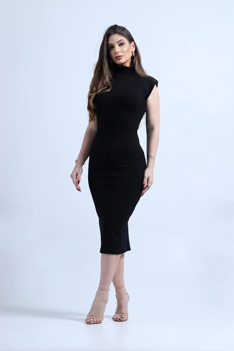 Vestido Ombreira Midi Tecido Viscose  Com Elastano Zero Transparência Rosa